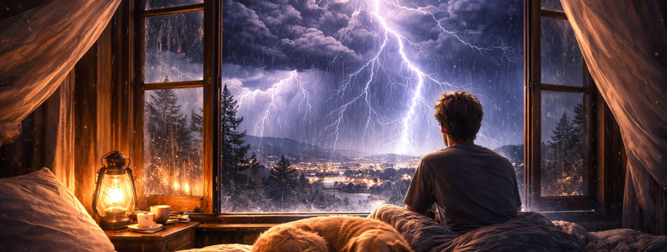 Osoba siedząca przy otwartym oknie podczas gwałtownej burzy z błyskawicami nad miastem, w kontrastowej scenerii ciepłego wnętrza i ciemnego, dramatycznego nieba