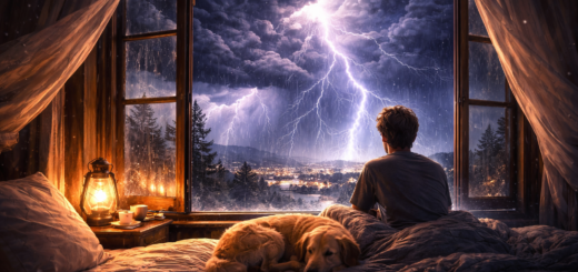Osoba siedząca przy otwartym oknie podczas gwałtownej burzy z błyskawicami nad miastem, w kontrastowej scenerii ciepłego wnętrza i ciemnego, dramatycznego nieba