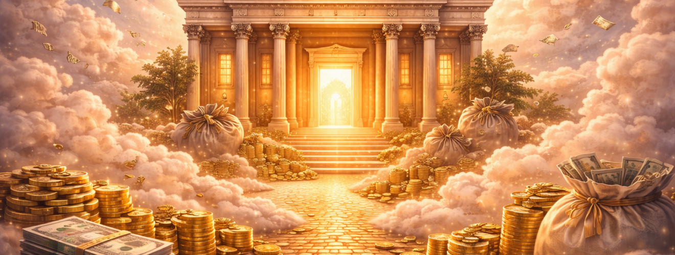Surrealistyczny budynek banku wznoszący się ponad chmurami, otoczony złotymi monetami i workami z pieniędzmi w jasnej, symbolicznej scenerii marzenia sennego
