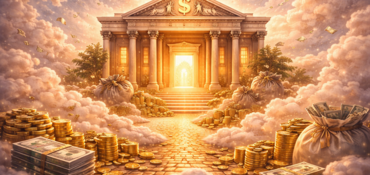 Surrealistyczny budynek banku wznoszący się ponad chmurami, otoczony złotymi monetami i workami z pieniędzmi w jasnej, symbolicznej scenerii marzenia sennego