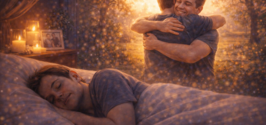 Śpiący dorosły mężczyzna, nad którym pojawia się wizja serdecznego uścisku z bratem w ciepłej, słonecznej scenerii pełnej złotego światła