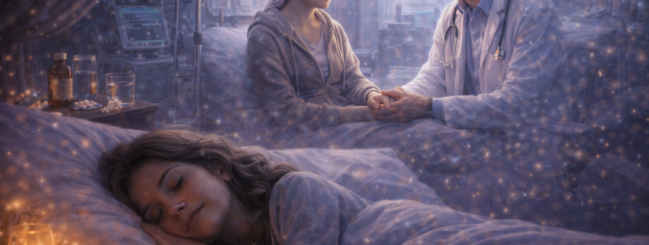 Śpiąca dorosła kobieta, nad którą pojawia się wizja wizyty u lekarza w szpitalnej sali, w spokojnej, stonowanej nocnej atmosferze