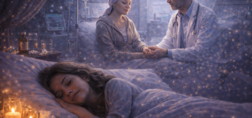 Śpiąca dorosła kobieta, nad którą pojawia się wizja wizyty u lekarza w szpitalnej sali, w spokojnej, stonowanej nocnej atmosferze