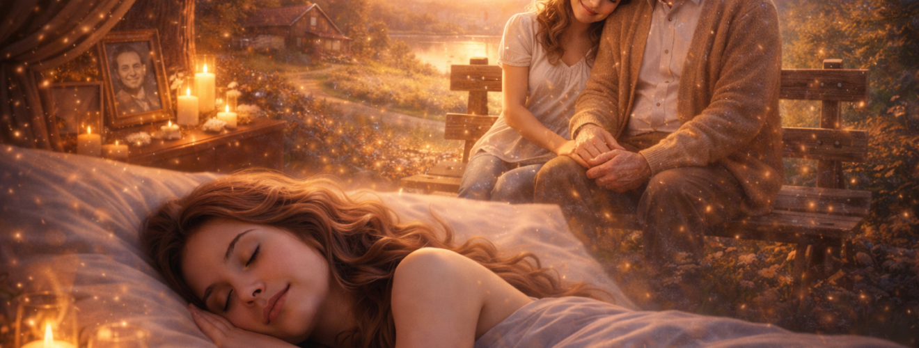 Śpiąca dorosła kobieta, nad którą pojawia się wizja spotkania z dziadkiem siedzącym na ławce o zachodzie słońca w spokojnej, wiejskiej scenerii