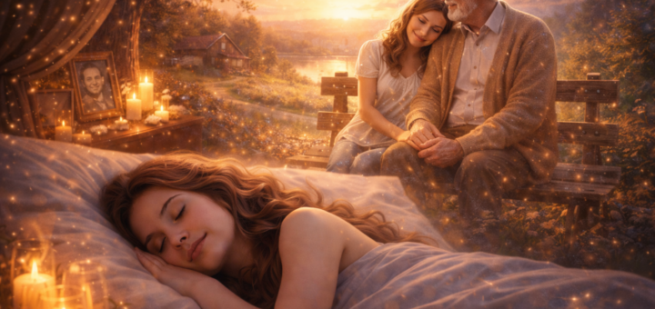 Śpiąca dorosła kobieta, nad którą pojawia się wizja spotkania z dziadkiem siedzącym na ławce o zachodzie słońca w spokojnej, wiejskiej scenerii