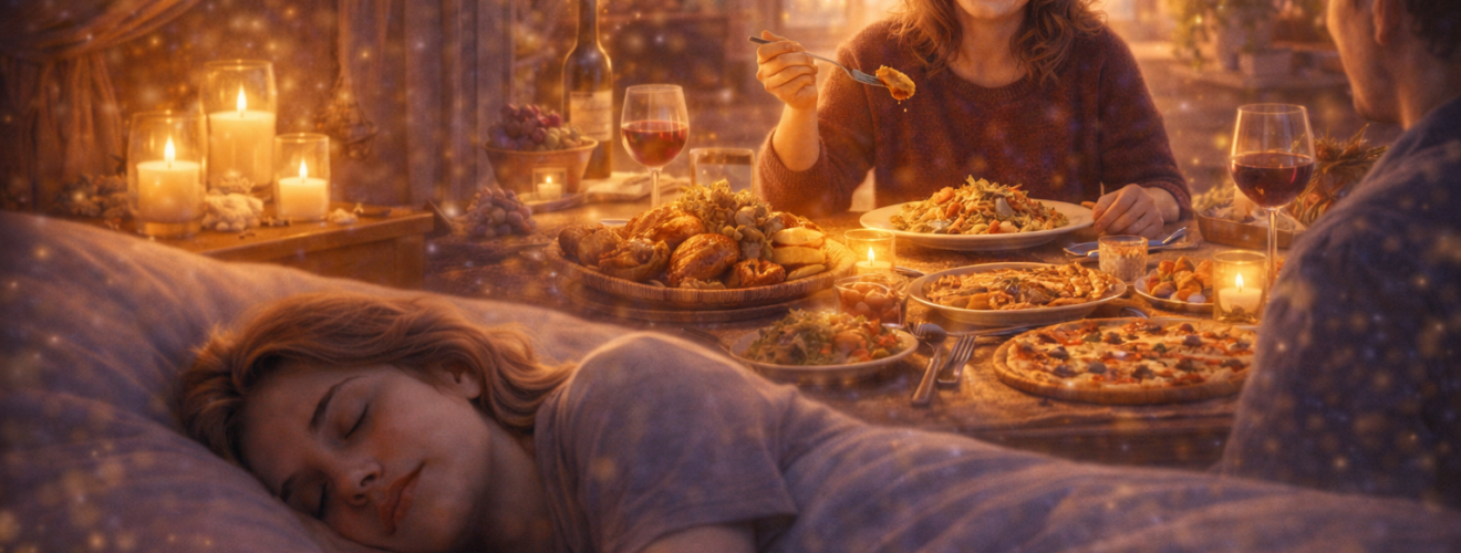 Śpiąca dorosła kobieta, nad którą pojawia się wizja wspólnej kolacji przy stole pełnym potraw w ciepłej, domowej atmosferze
