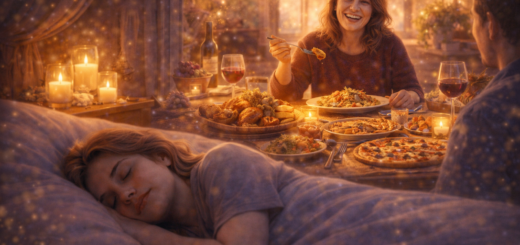 Śpiąca dorosła kobieta, nad którą pojawia się wizja wspólnej kolacji przy stole pełnym potraw w ciepłej, domowej atmosferze