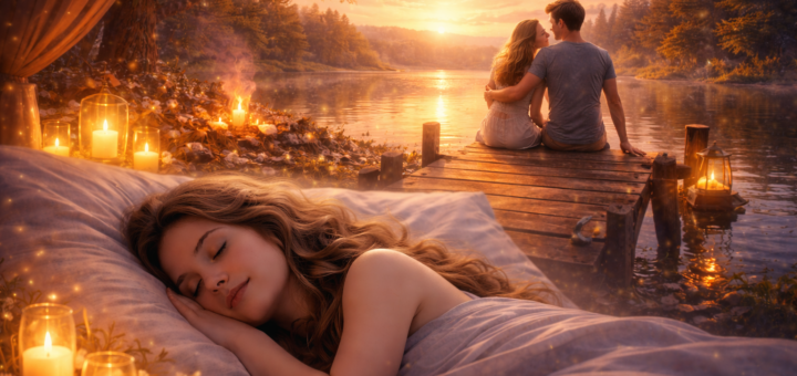 Śpiąca dorosła kobieta, nad którą pojawia się wizja pary siedzącej na drewnianym pomoście nad spokojnym jeziorem o zachodzie słońca w ciepłej, romantycznej scenerii