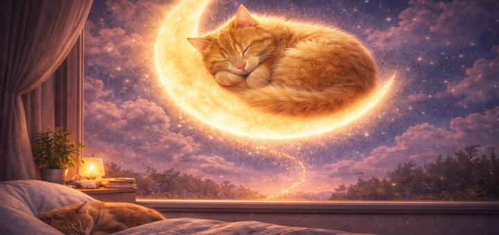 Rudy kot śpiący na świecącym półksiężycu nad nocnym krajobrazem, widziany przez okno przytulnej sypialni w spokojnej, magicznej scenerii