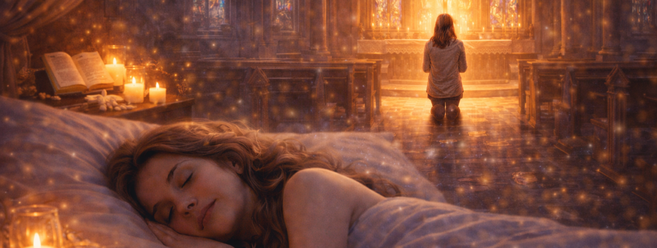 Śpiąca dorosła kobieta, nad którą pojawia się wizja wnętrza kościoła z klęczącą postacią przed ołtarzem i witrażami w ciepłym świetle świec