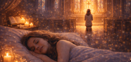 Śpiąca dorosła kobieta, nad którą pojawia się wizja wnętrza kościoła z klęczącą postacią przed ołtarzem i witrażami w ciepłym świetle świec