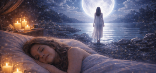 Śpiąca dorosła kobieta, nad którą pojawia się wizja postaci stojącej nad jeziorem w świetle pełni księżyca w spokojnej, nocnej scenerii**