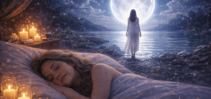 Śpiąca dorosła kobieta, nad którą pojawia się wizja postaci stojącej nad jeziorem w świetle pełni księżyca w spokojnej, nocnej scenerii**