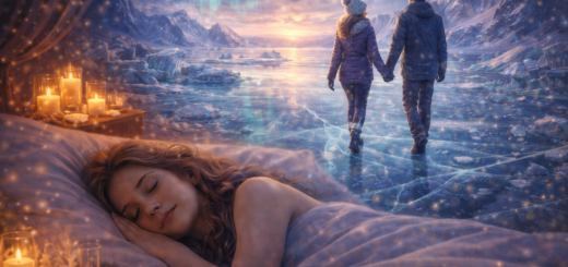 Śpiąca dorosła kobieta, nad którą pojawia się wizja pary idącej po zamarzniętym jeziorze wśród gór i zorzy polarnej w zimowej scenerii