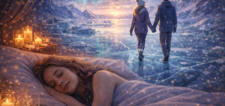 Śpiąca dorosła kobieta, nad którą pojawia się wizja pary idącej po zamarzniętym jeziorze wśród gór i zorzy polarnej w zimowej scenerii