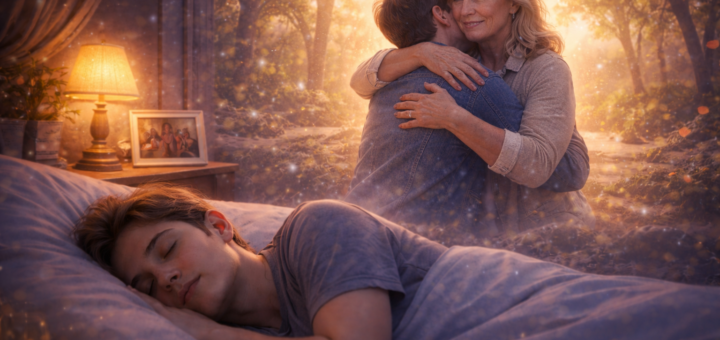 Śpiący dorosły mężczyzna, nad którym pojawia się wizja ciepłego uścisku z matką w słonecznej, spokojnej scenerii pełnej miękkiego światła