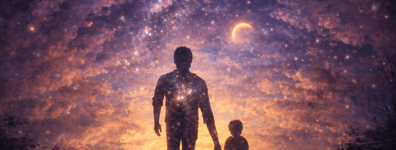 Sylwetki ojca i dziecka odbite w tafli wody pod rozgwieżdżonym niebem, w surrealistycznej, kosmicznej scenerii symbolizującej więź i przewodnictwo