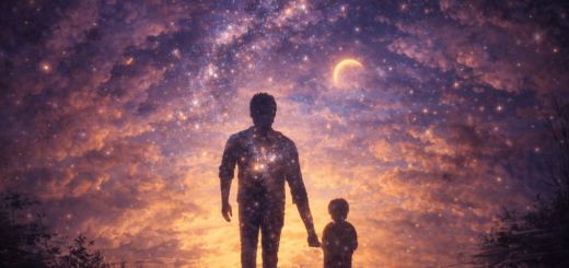 Sylwetki ojca i dziecka odbite w tafli wody pod rozgwieżdżonym niebem, w surrealistycznej, kosmicznej scenerii symbolizującej więź i przewodnictwo