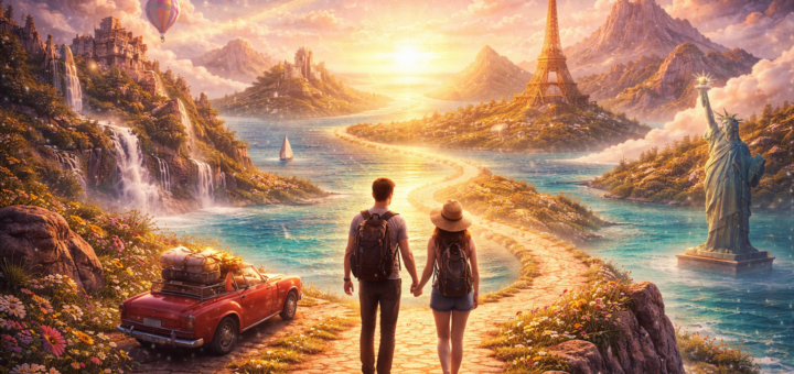 Para stojąca na świetlistej drodze prowadzącej przez fantastyczny krajobraz z górami, wieżami i unoszącymi się balonami, symbolizujący marzenie o podróży i nowych możliwościach