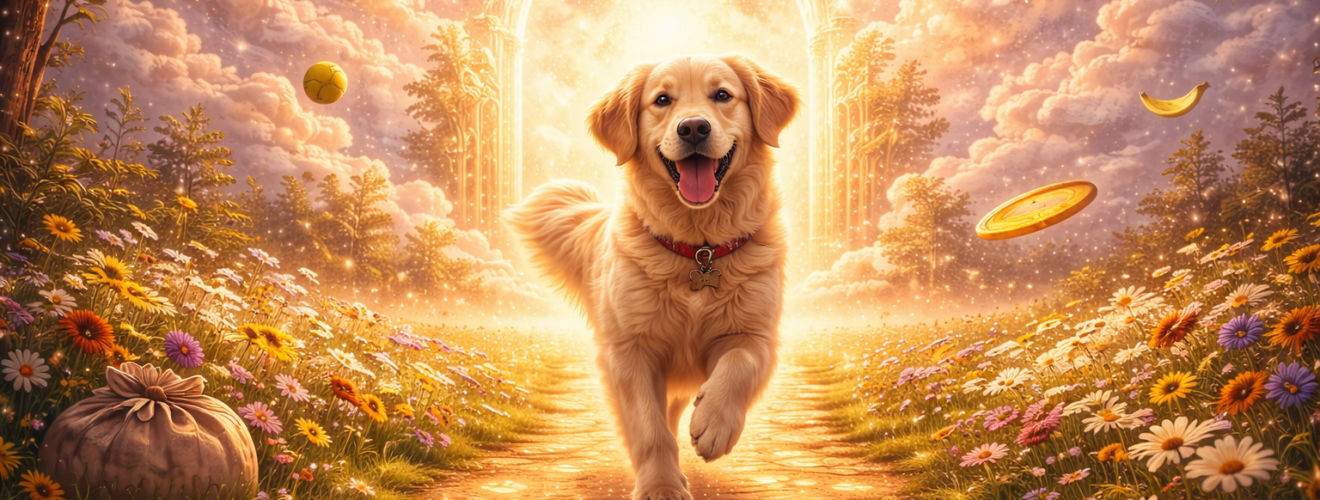 Radosny pies biegnący przez świetlistą, kwiecistą ścieżkę w surrealistycznej, złotej scenerii marzenia sennego, z widocznymi świecącymi śladami łap na ziemi