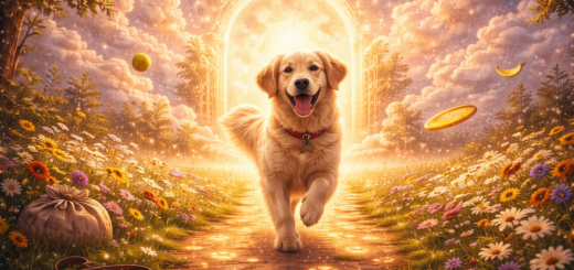 Radosny pies biegnący przez świetlistą, kwiecistą ścieżkę w surrealistycznej, złotej scenerii marzenia sennego, z widocznymi świecącymi śladami łap na ziemi