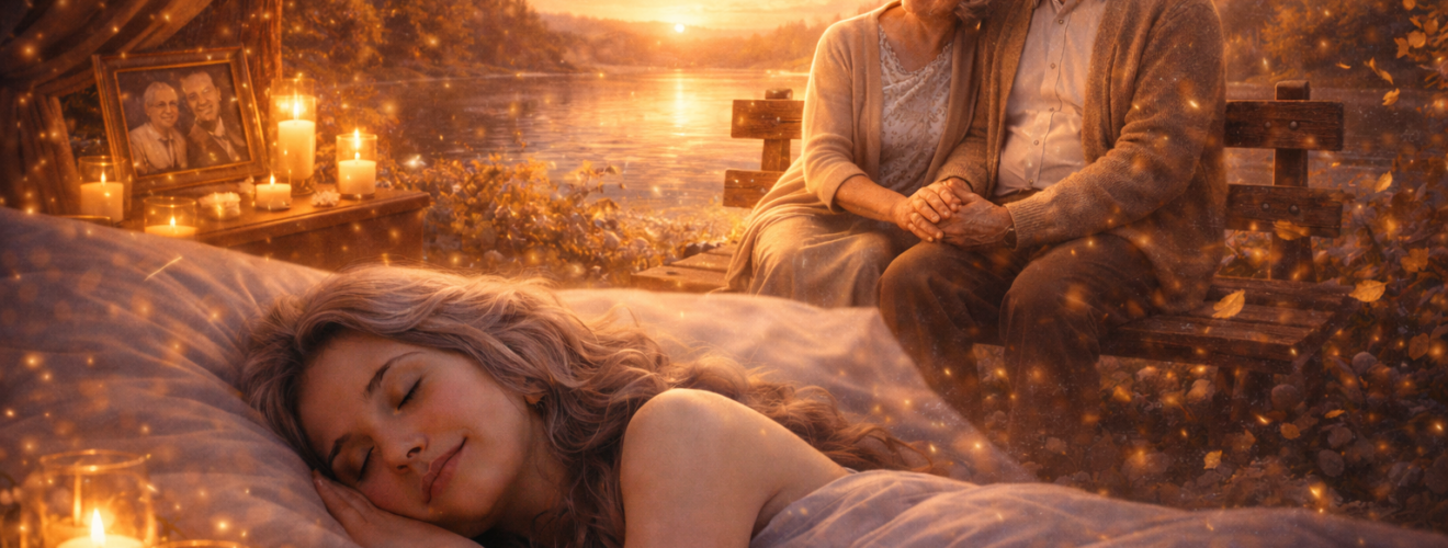 Śpiąca dorosła kobieta, nad którą pojawia się wizja starszej pary siedzącej razem na ławce nad jeziorem o zachodzie słońca, w ciepłej i spokojnej scenerii jesiennej