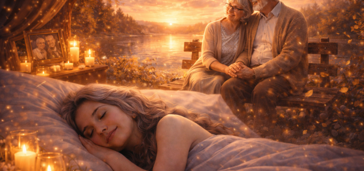 Śpiąca dorosła kobieta, nad którą pojawia się wizja starszej pary siedzącej razem na ławce nad jeziorem o zachodzie słońca, w ciepłej i spokojnej scenerii jesiennej