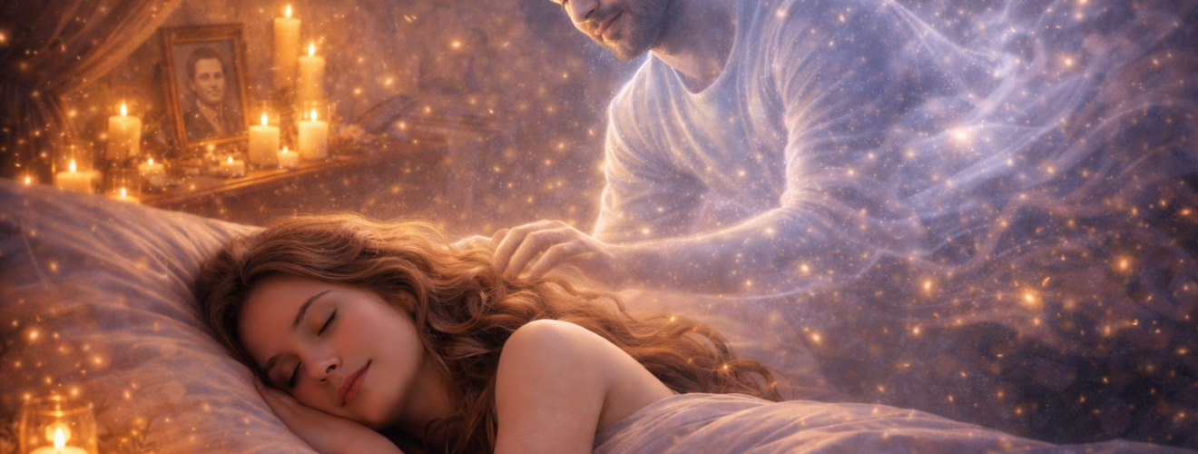 Śpiąca dorosła kobieta w łóżku, nad którą unosi się świetlista, symboliczna postać zmarłego mężczyzny w ciepłym blasku świec i nocnej scenerii