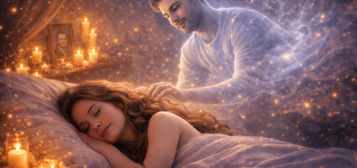 Śpiąca dorosła kobieta w łóżku, nad którą unosi się świetlista, symboliczna postać zmarłego mężczyzny w ciepłym blasku świec i nocnej scenerii