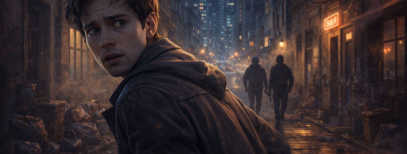 Mężczyzna uciekający ciemną ulicą nocą, za nim dwie zamazane sylwetki – ilustracja symbolizująca sen o byciu śledzonym i poczucie zagrożenia.