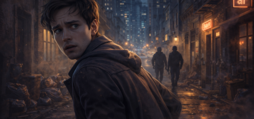 Mężczyzna uciekający ciemną ulicą nocą, za nim dwie zamazane sylwetki – ilustracja symbolizująca sen o byciu śledzonym i poczucie zagrożenia.