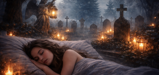 Śpiąca dorosła kobieta w pościeli na tle mrocznego cmentarza z nagrobkami, zapalonymi świecami i kamiennym aniołem we mgle nocnej scenerii