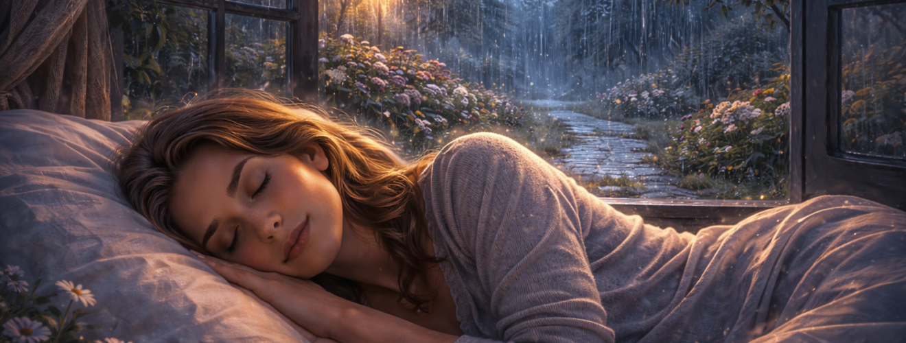 Kobieta śpiąca przy otwartym oknie, za którym pada nocny deszcz oświetlony ciepłym światłem lampy – ilustracja symbolizująca sen o deszczu i emocjonalne oczyszczenie.