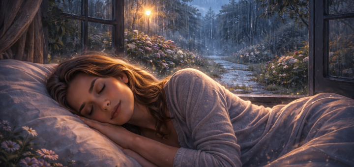 Kobieta śpiąca przy otwartym oknie, za którym pada nocny deszcz oświetlony ciepłym światłem lampy – ilustracja symbolizująca sen o deszczu i emocjonalne oczyszczenie.