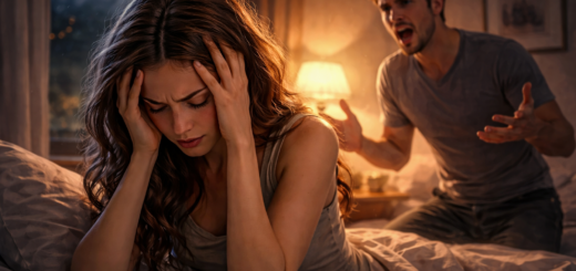 Zmartwiona kobieta siedząca na łóżku, a w tle zdenerwowany mężczyzna podczas sprzeczki – ilustracja symbolizująca sen o kłótni i napięcie w relacji.