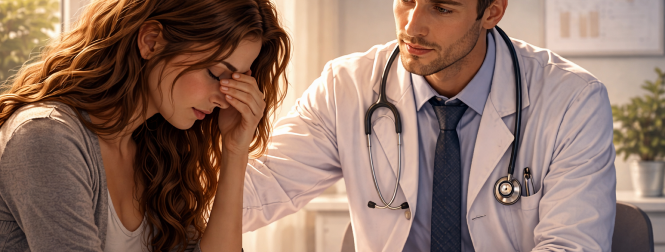 Lekarz w białym fartuchu rozmawiający z zasmuconą kobietą w gabinecie medycznym – ilustracja symbolizująca sen o lekarzu i potrzebę wsparcia.