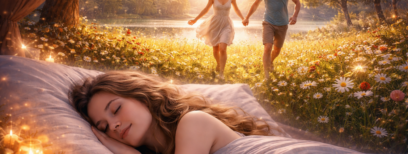 Śpiąca dorosła kobieta, nad którą pojawia się wizja młodej pary biegnącej przez letnią łąkę nad jeziorem w ciepłym świetle zachodzącego słońca