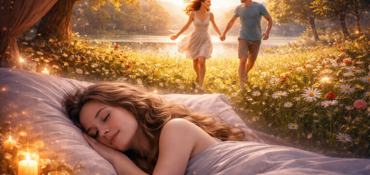 Śpiąca dorosła kobieta, nad którą pojawia się wizja młodej pary biegnącej przez letnią łąkę nad jeziorem w ciepłym świetle zachodzącego słońca