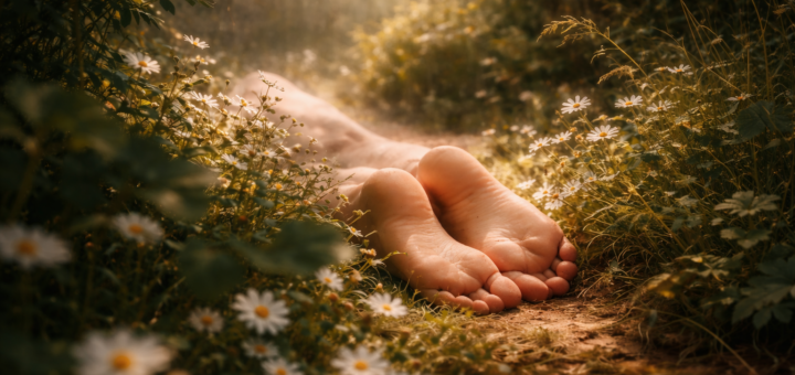 Bose stopy leżące na leśnej ścieżce wśród kwiatów i ciepłego światła zachodu słońca – symboliczna ilustracja snu o nagości i poczucia naturalności.