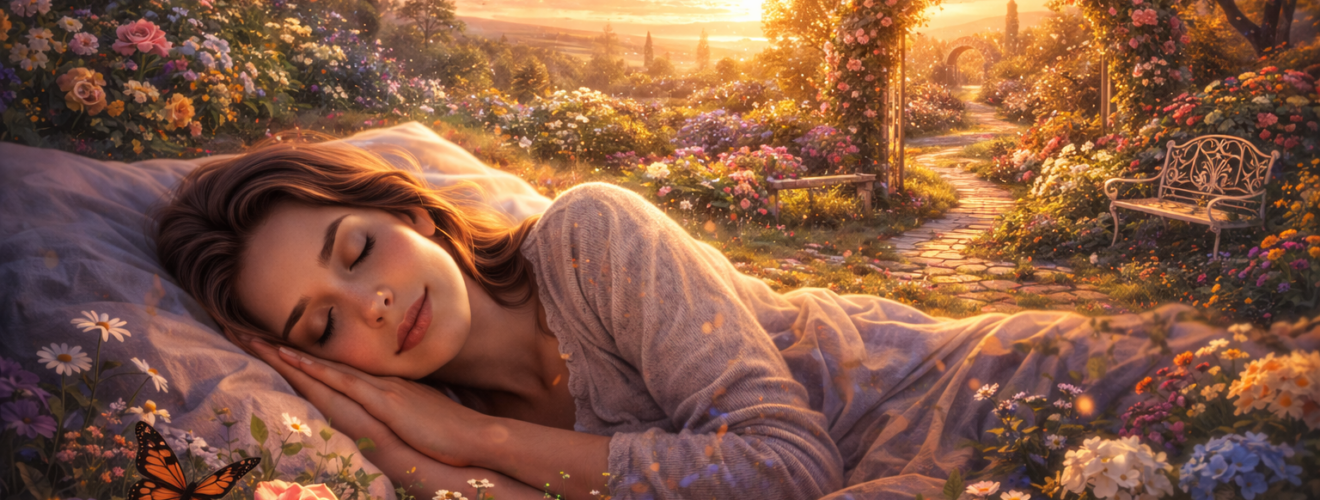 Kobieta śpiąca w kwitnącym ogrodzie o zachodzie słońca, otoczona kwiatami i alejką z łukiem – ilustracja symbolizująca sen o ogrodzie i harmonię.