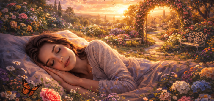 Kobieta śpiąca w kwitnącym ogrodzie o zachodzie słońca, otoczona kwiatami i alejką z łukiem – ilustracja symbolizująca sen o ogrodzie i harmonię.
