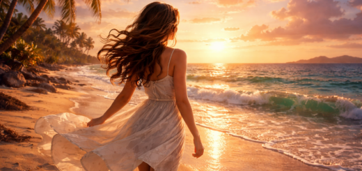 Kobieta spacerująca po piaszczystej plaży o zachodzie słońca, fale oceanu i palmowe drzewa w tle – ilustracja symbolizująca sen o plaży i potrzebę odpoczynku.