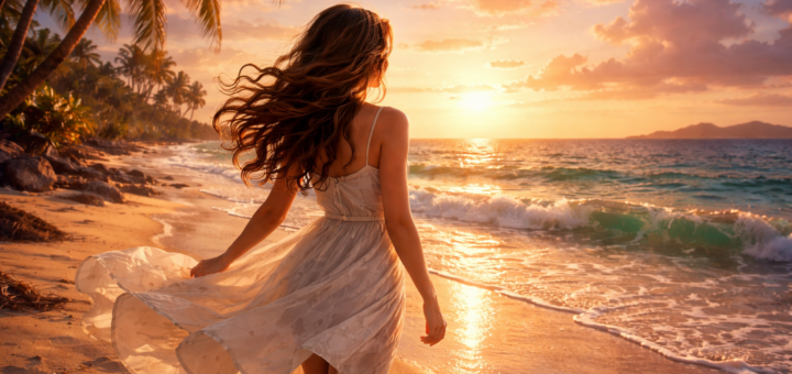 Kobieta spacerująca po piaszczystej plaży o zachodzie słońca, fale oceanu i palmowe drzewa w tle – ilustracja symbolizująca sen o plaży i potrzebę odpoczynku.