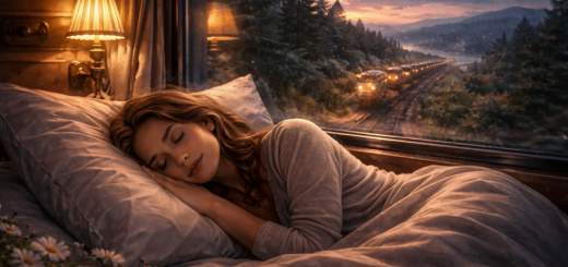 Kobieta śpiąca w przytulnym przedziale pociągu, za oknem widać jadący skład oświetlony zachodem słońca – ilustracja symbolizująca sen o pociągu i podróży przez życie.