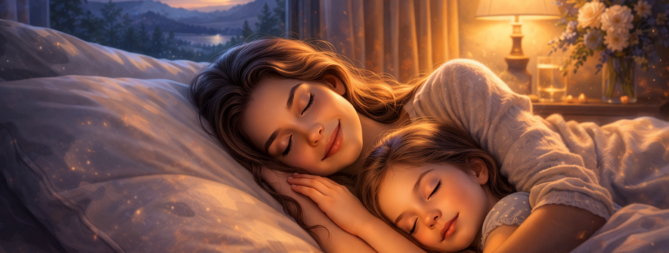 Śpiące siostry przytulone do siebie w ciepłym, nocnym świetle – ilustracja symbolizująca sen o siostrze i bliskość rodzinną.