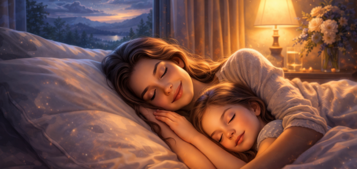Śpiące siostry przytulone do siebie w ciepłym, nocnym świetle – ilustracja symbolizująca sen o siostrze i bliskość rodzinną.