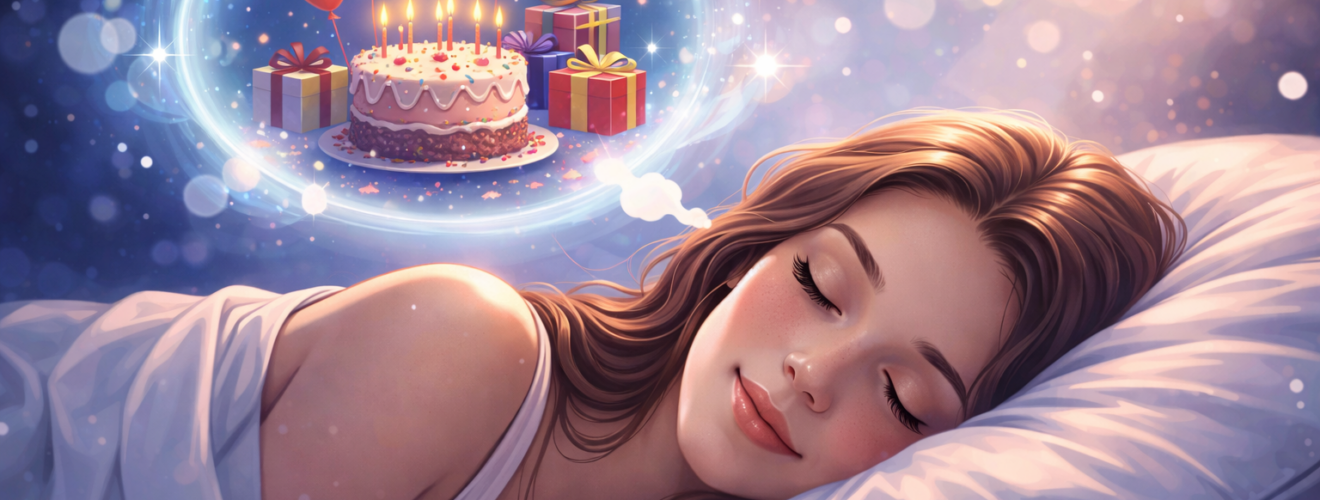 Śpiąca kobieta z wizją urodzin w śnie – tort z zapalonymi świeczkami, balony i prezenty symbolizujące sen o urodzinach.