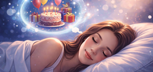 Śpiąca kobieta z wizją urodzin w śnie – tort z zapalonymi świeczkami, balony i prezenty symbolizujące sen o urodzinach.