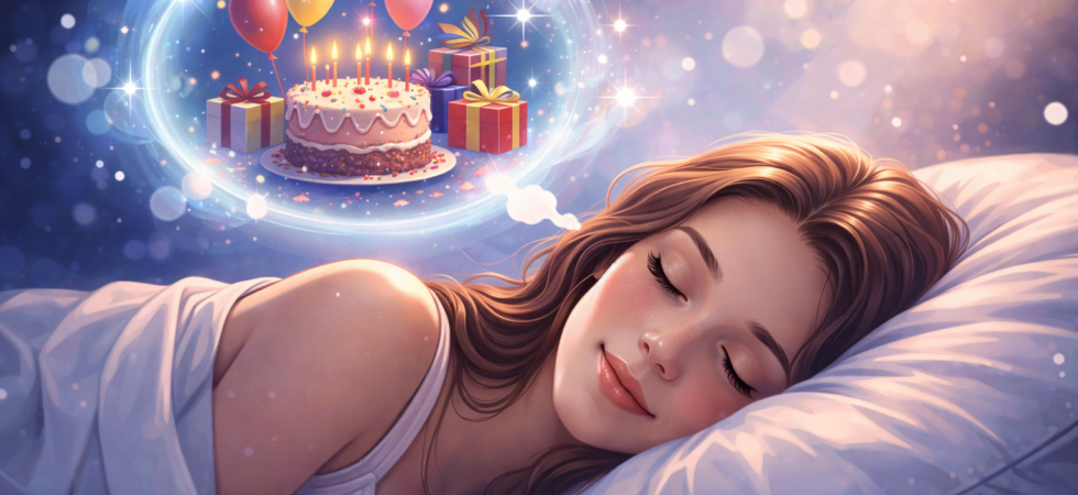 Śpiąca kobieta z wizją urodzin w śnie – tort z zapalonymi świeczkami, balony i prezenty symbolizujące sen o urodzinach.