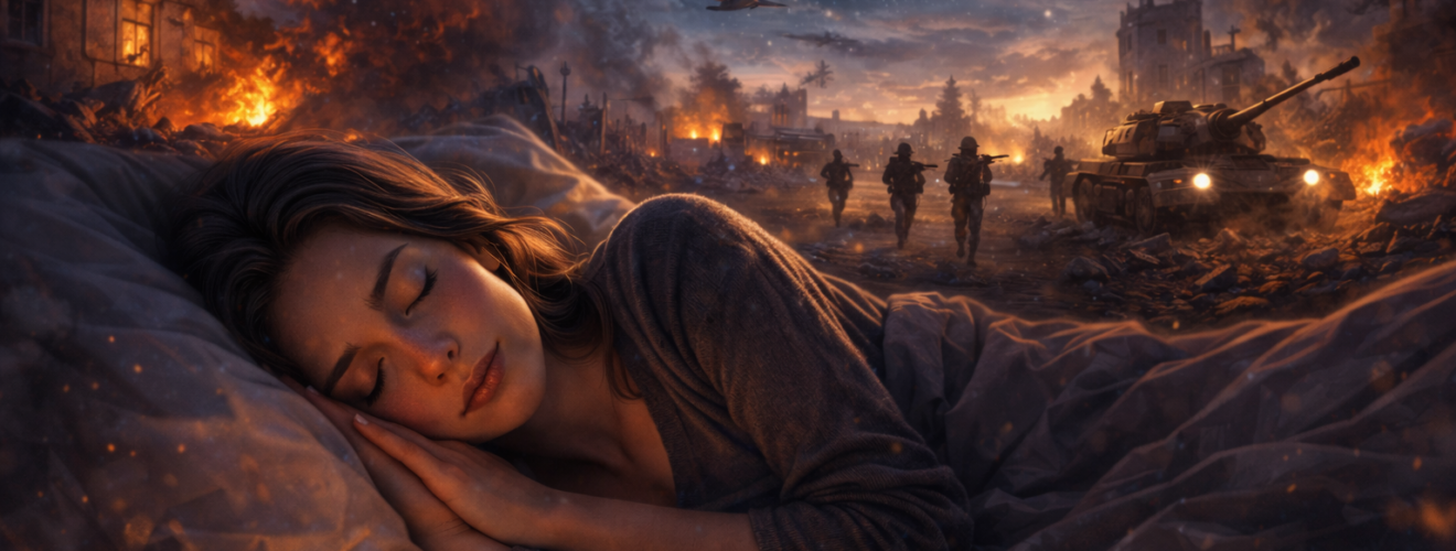 Śpiąca kobieta na pierwszym planie, a w tle płonące miasto, żołnierze i czołg – symboliczna ilustracja snu o wojnie i wewnętrznym niepokoju.